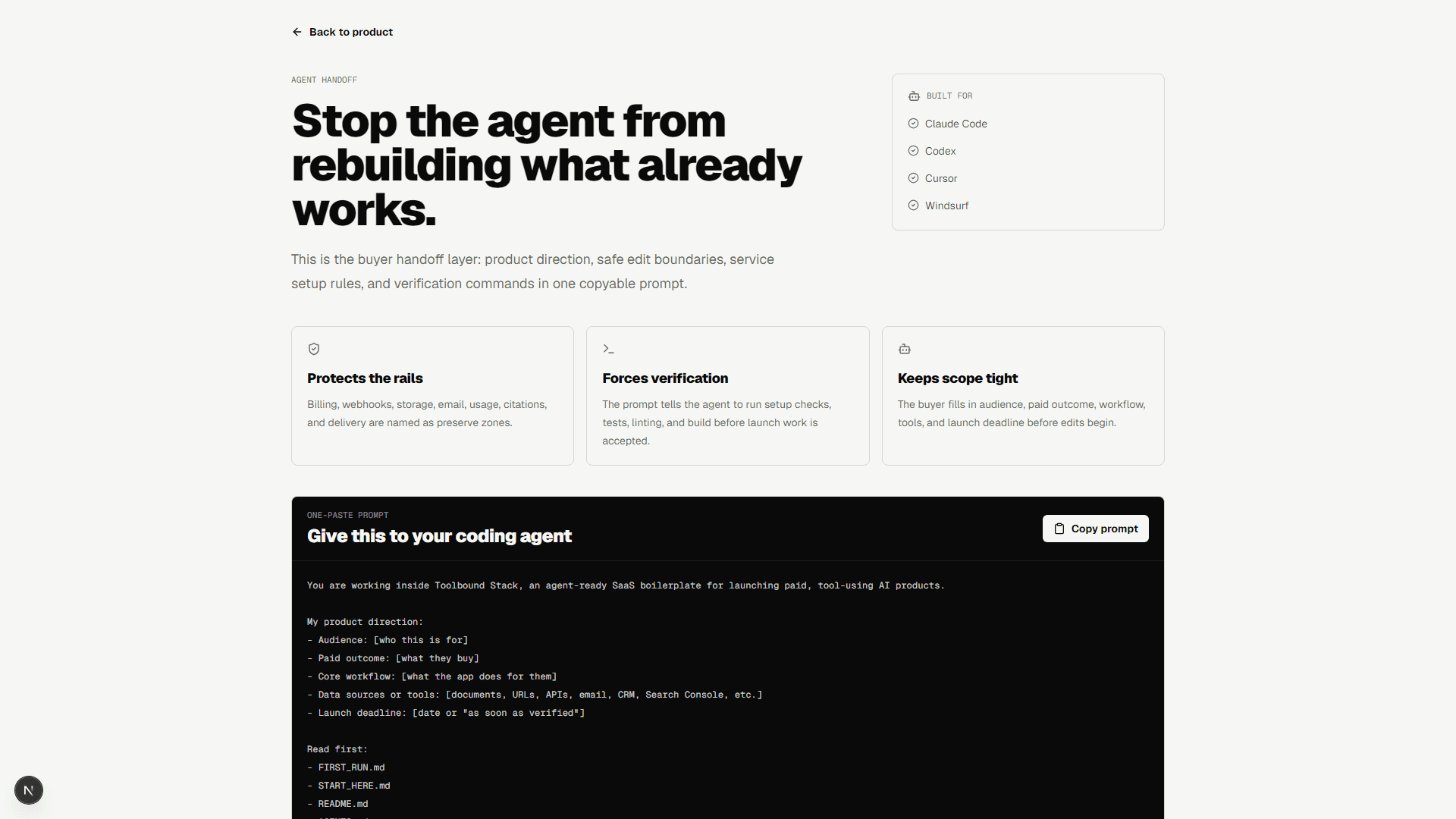 Toolbound agent handoff page with coding-agent prompt
